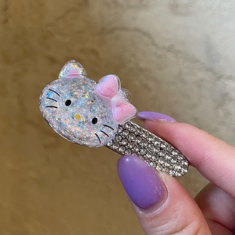 Hello Kitty Sparkling Diamond KT Cat Bow Edge Clip Temperament Girl Versatile Children Fun Hairpin Accessories Women Wholesale