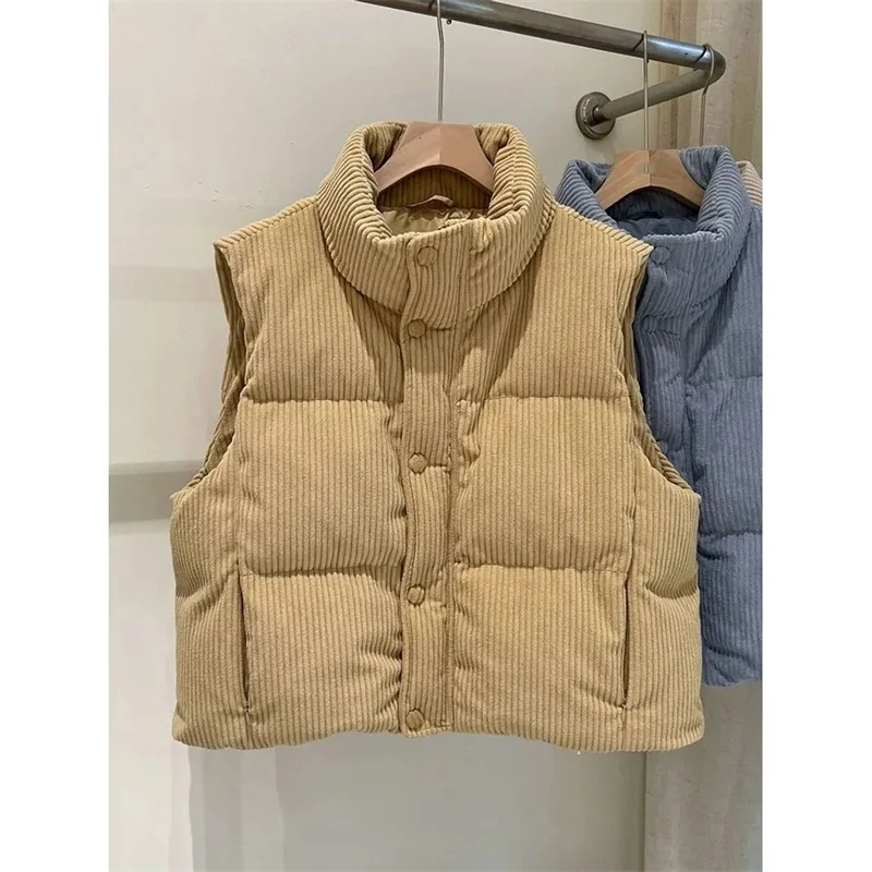 

Winter Women Solid Loose Vest Fashion Stand Collar Long Vest Jacket Cotton Padded Women Windproof Warm Waistcoat
