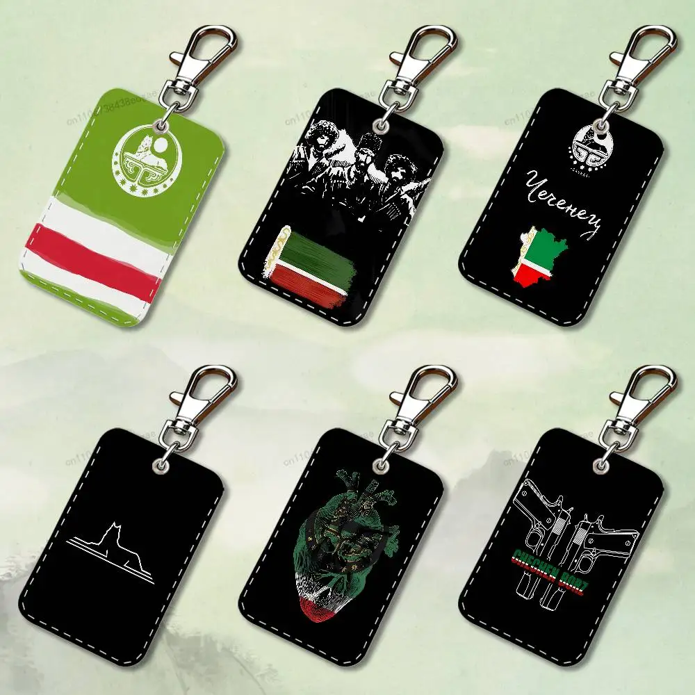 Emblem Chechen Art Flag Custom Access Card Case Leather Card Holder Keychain Key Ring Transportation Card Case Gifts