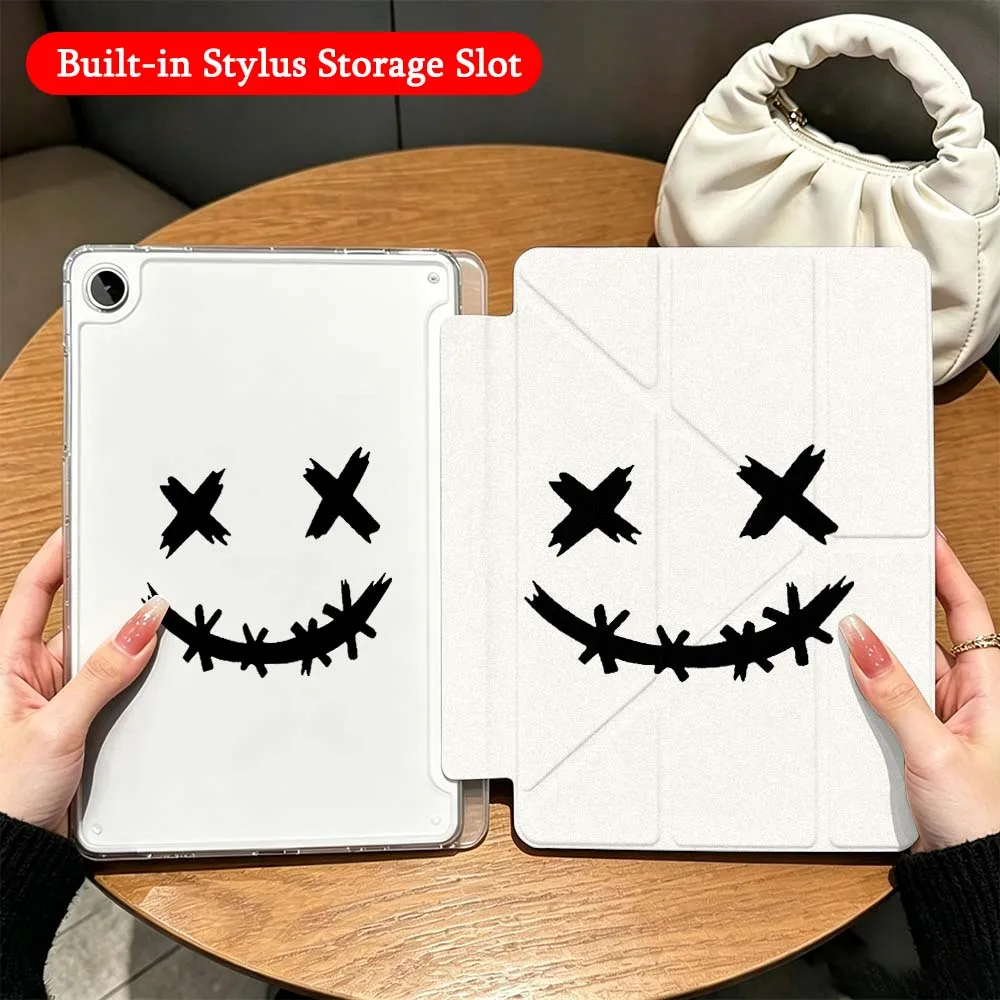 

Cartoon Happy Face Case For Samsung Galaxy Tab A9 A8 A11 S6 S7 S8 S9 S10 FE Plus Lite Transparent Y-Shaped Folding Tablet
