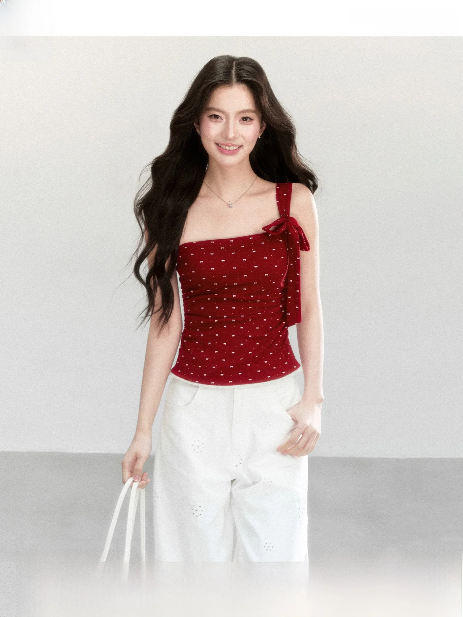 QDQD Sweet Girl Red Polka Dot Bridesmaid Summer New Folded Waist Slim Design Short Vest Women's H-Shape Tank Top without Ches...