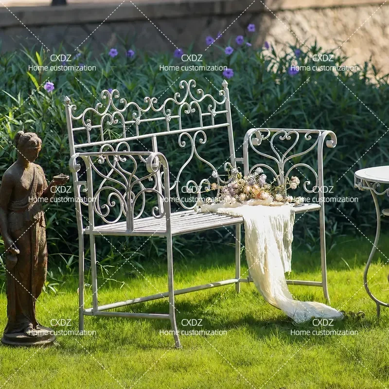 French Retro Wrought Iron Bench Old White Outdoor Double Chair Balcony Garden Courtyard Leisure Seating Furniture