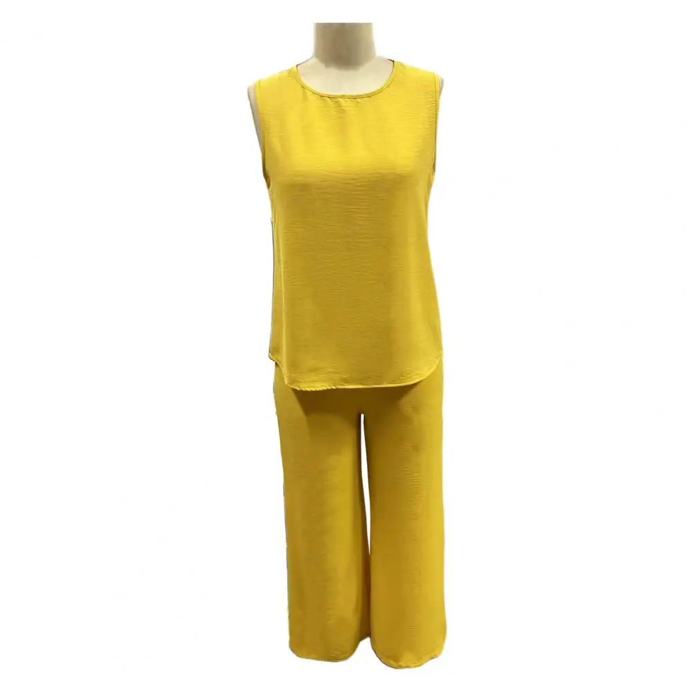 

Round Neck Tank Top Trousers Set Versatile Women's 2-piece Set Sleeveless Loose Vest Wide Leg Pants with Side Pockets for Daily