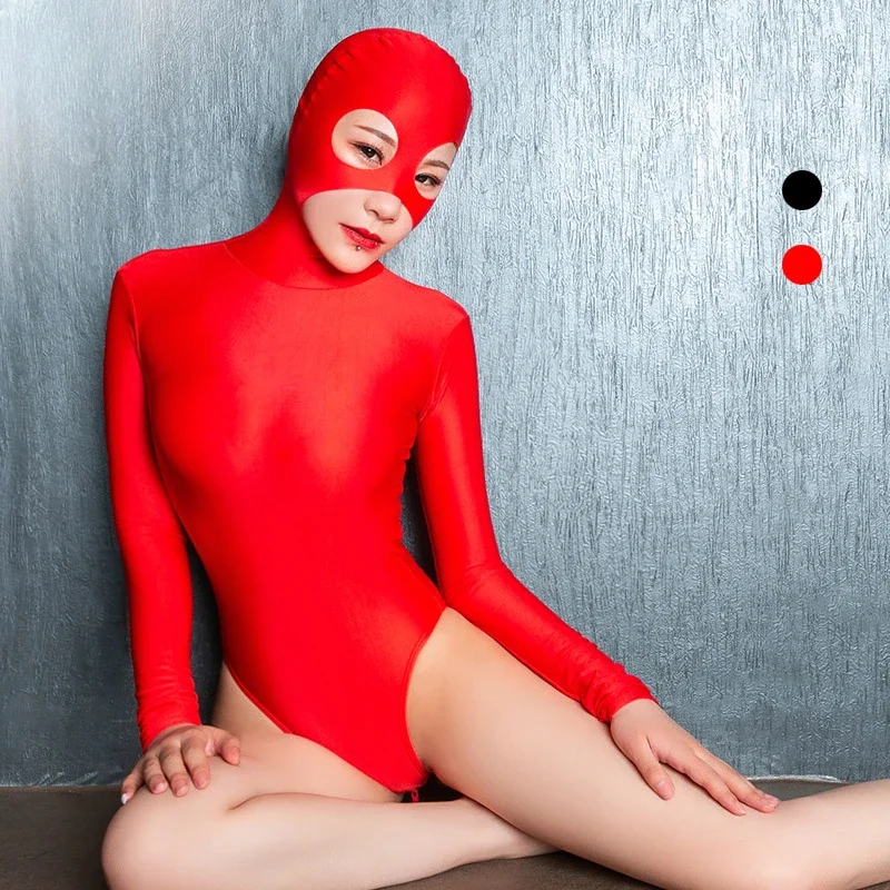 

Sexy High Elastic Women Oil Shiny Bodysuit with Headgear Female Glossy Lingerie Dancewear Zipper Crotchless Jumpsuit Cosplay