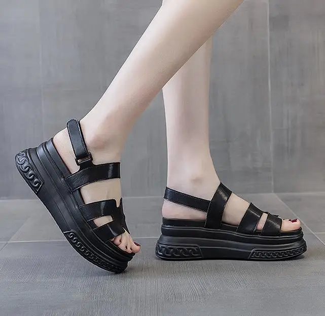 7cm Genuine Leather Platform Sandals Wedge Slippers Women Black Summer Shoes Beach Hook Loop Elegant Cute Slides Jelly Sandals