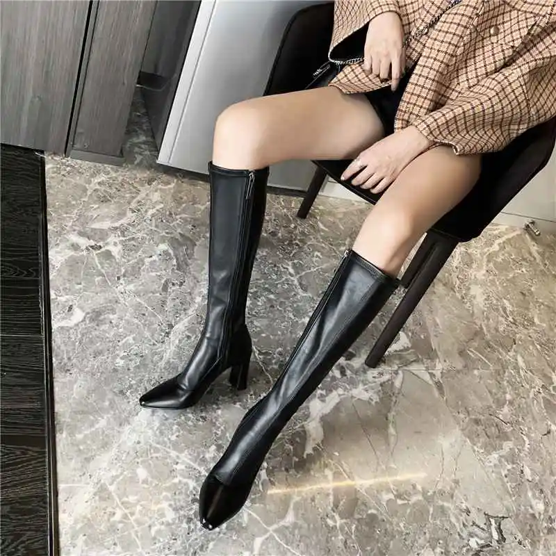 Krazing Pot Fashion Elegant Princess Style Cow Leather Small Square Toe Chunky High Heels Zipper Winter Stretch Thigh High Boots