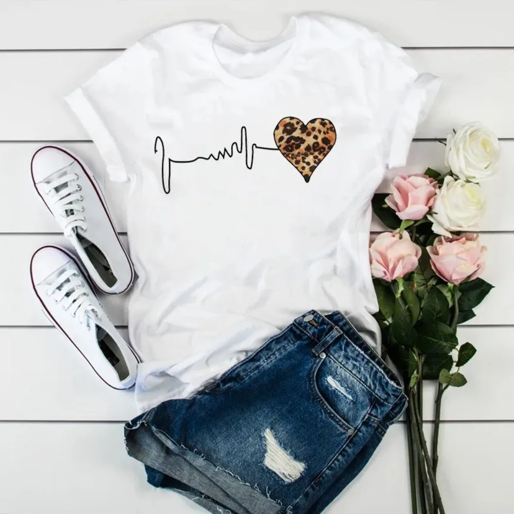 Summer New 90 ’s Leopard Heartbeat Short Sleeve Print Clothing Women's T-Shirt Harajuku Graphic Clothing Women's Top,Drop Ship