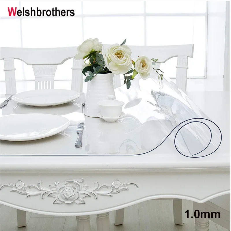 Soft Glass Tablecloth Transparency PVC table cloth Waterproof Oilproof Kitchen Dining table cover for rectangular table 1.0mm