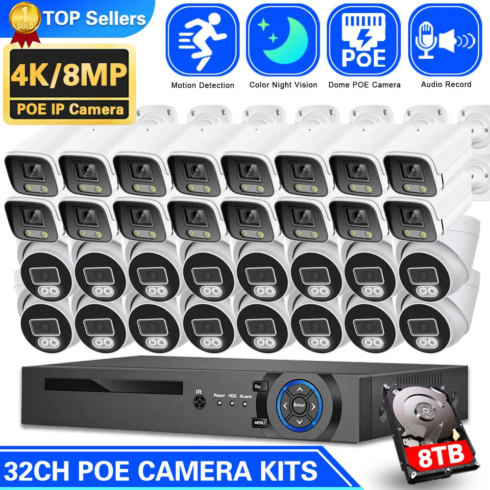 

32CH 4K Security Surveillance System 8MP PoE Camera Kit Smart AI Detection Color Night Vision Playback CCTV Protection Cam Set