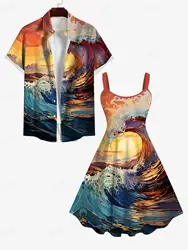 Shirt and Dress for Couples Plus Size платье женское платье женское Vacation Style Sea Waves Sunset Printed Buttons Pocket