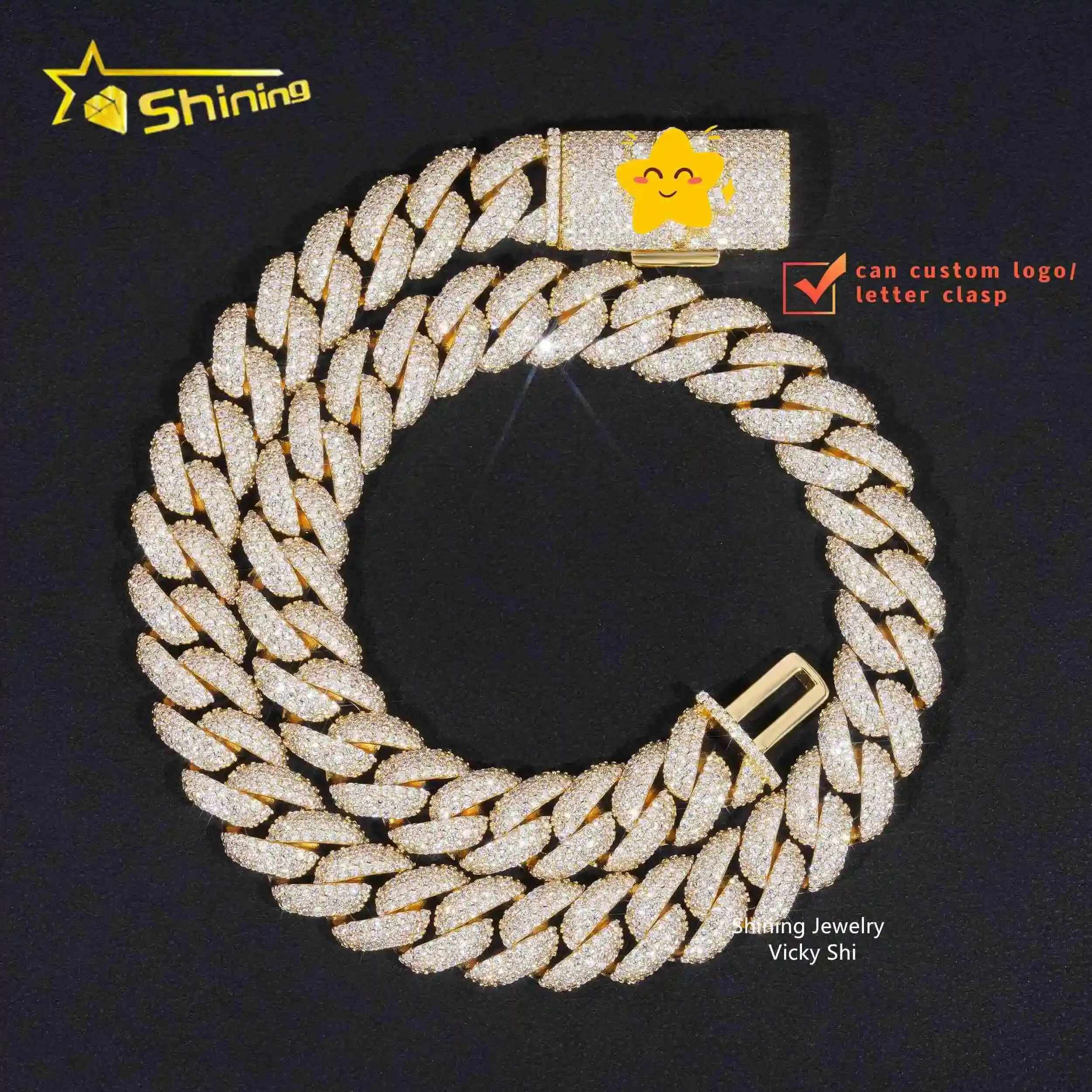 

Really Pass Diamond Tester 13MM 925 Silver Iced Out Moissanite Cuban Link Chain Men Fashion Clasp Hip Hop Necklace