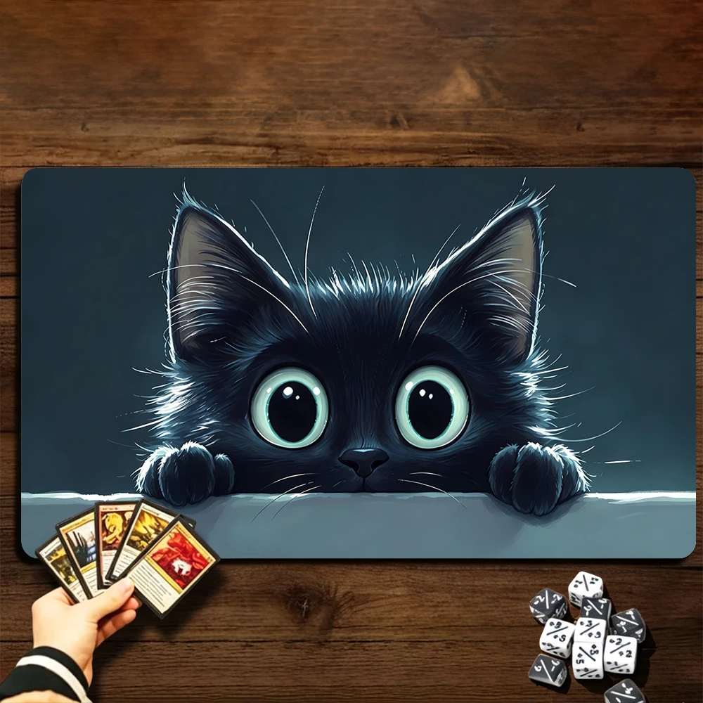 Interesting black cat TCG Playmat Magic Playmat with Stitched Edge Anti-slip base 60X35cm Gathering Gaming Mat Trading Card Game