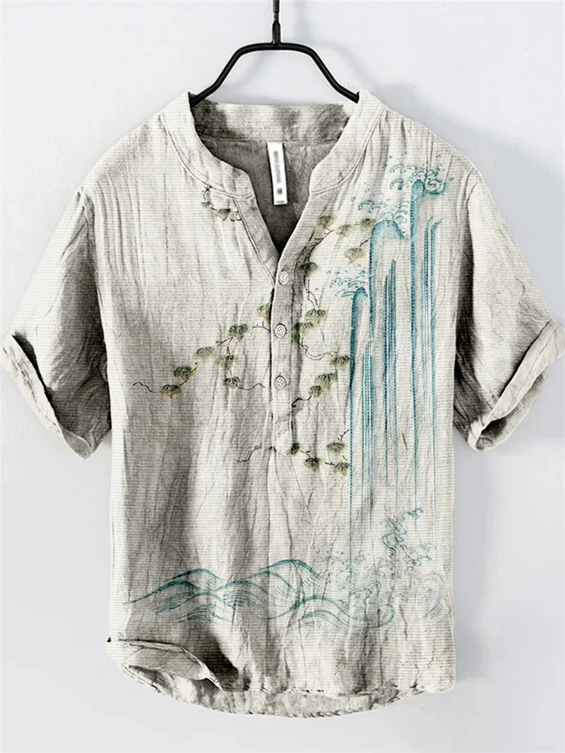 

Spring/Summer Men's Shirt Stand Alone Casual Hawaiian Style Shirt Men's Top 100% Linen