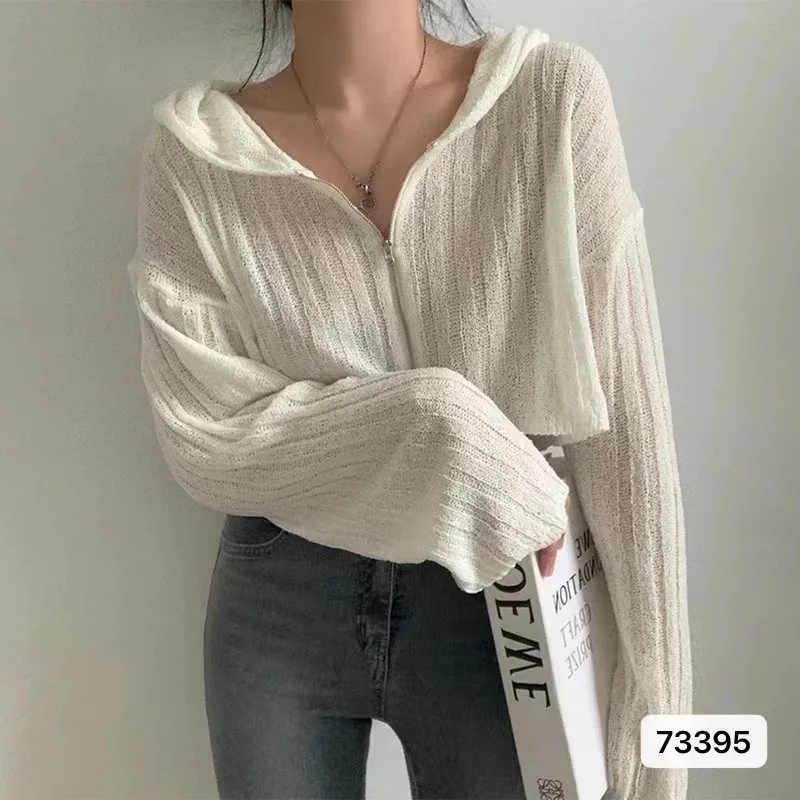 

Grunge Hollow Out Knitted Hooded Cardigans Aesthetic Sun Protection Casual Loose Coats Harajuku Women Zipper Vintage Tops wh2