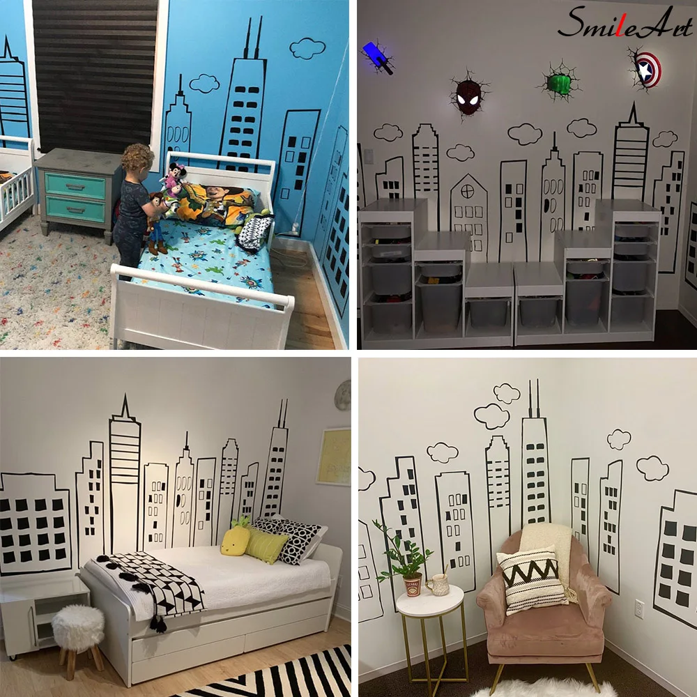 DUŻA Doodled City Skyline Naklejka ścienna Winylowa naklejka do pokoi dziecięcych Wystrój pokoi do zabawy Dzień Opieka się Szkoły Biblioteki Pokój superbohaterów
