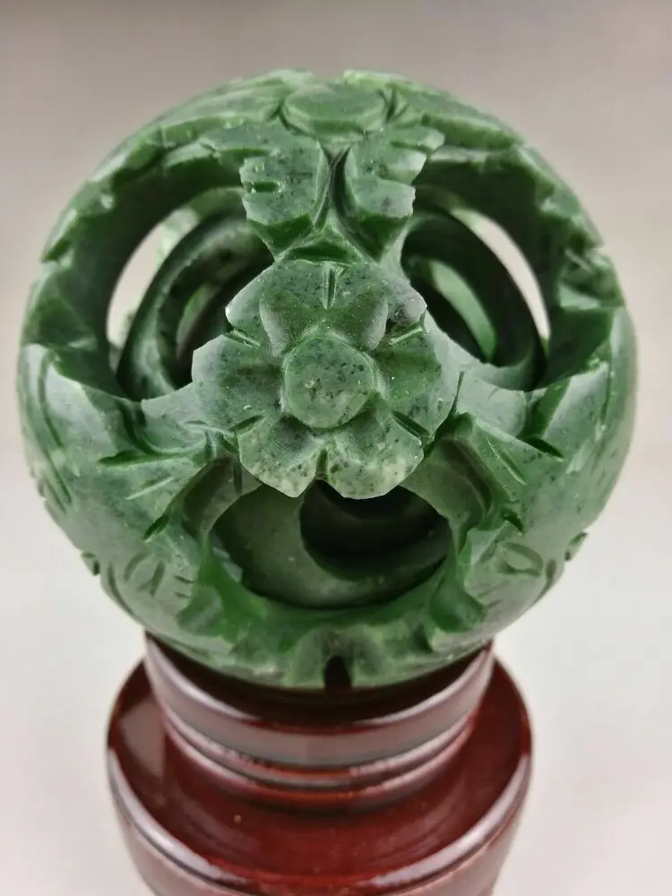 

Chinese Old Green Jade Carved Fengshui Dragon Hollow Out Ball with Wood Base