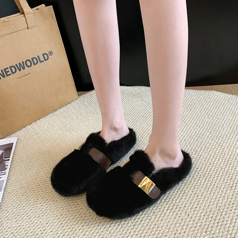 Ladies Slippers Autumn Winter New Warm Slippers Women Winter Retro Lamb Hair Women's Shoes Thick Sole Baotou Plush Slippers