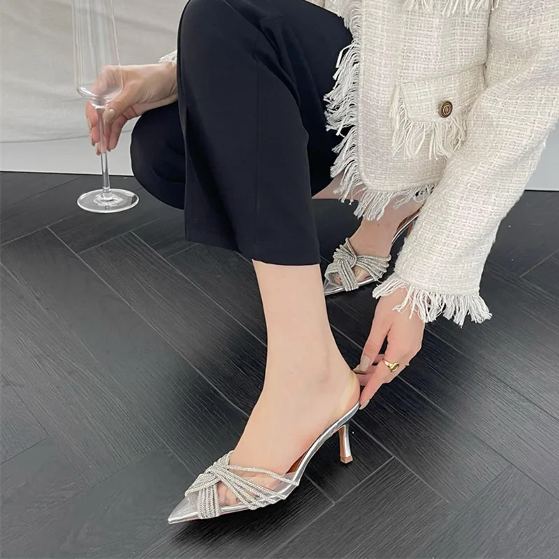 2024 Summer New Pointed Sandals for Women Shoes Classic Sexy Crystal Diamond Silver Light Mouthed Transparent High Heeled Sandal