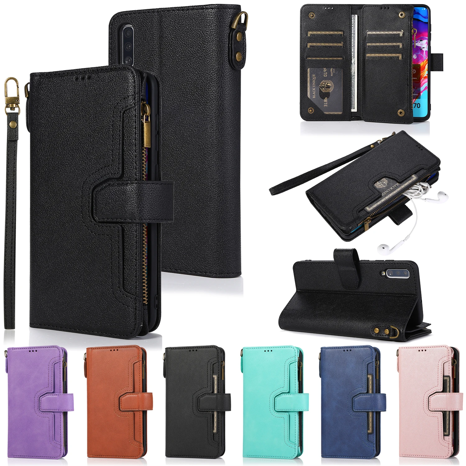 

36X*Solid color Zipper Leather Case Wallet Anti-fall Flip Phone Case for SAMSUNG GALAXY Note20 S10 S10E S20 S21 FE Plus ULTRA