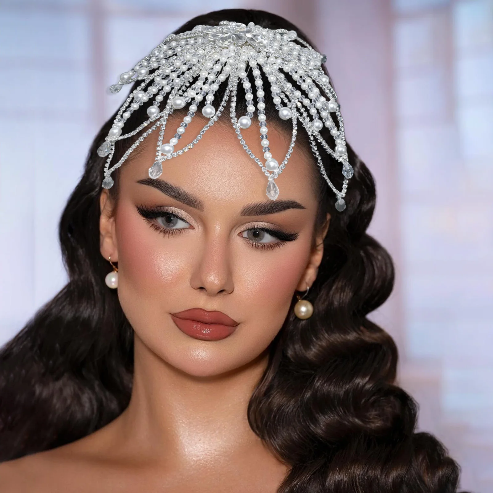 DZ328 اليدوية أنيقة المرأة تيارا وغطاء الرأس اللؤلؤ حزب أغطية الرأس إكسسوارات الشعر حجر الراين ورقة شكل عقال الزفاف #3