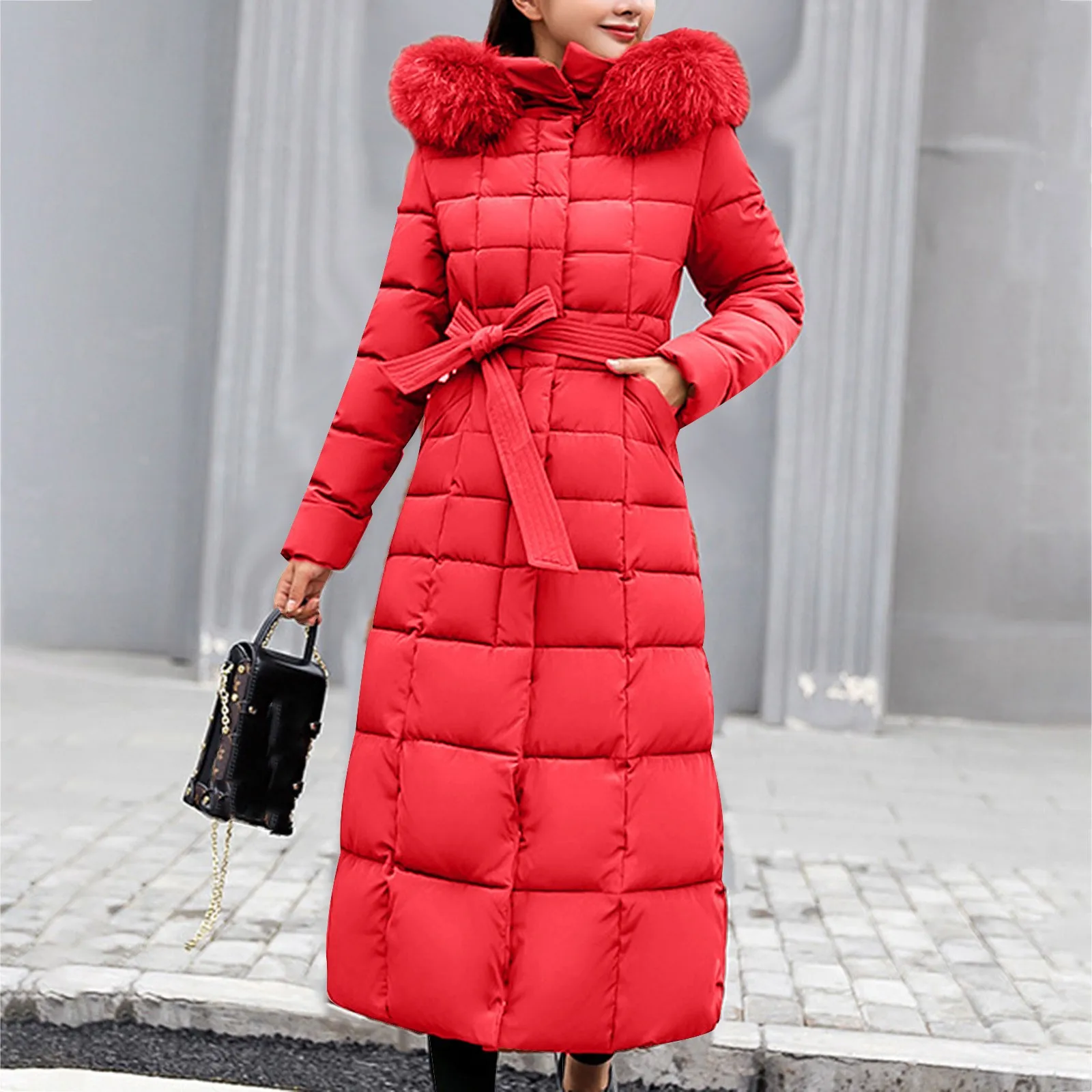 Solid Color Lace Up Slim Long Down Jacket Pocket Long Sleeve Faux Fur Hood Parka Casual Thick Winter Warm Down Coat Ladies