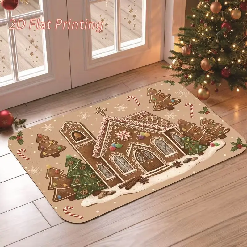 VIKAMA Gingerbread House Doormat Christmas Candy Cane Snowflake Holly Sleigh Cookie Holiday Entrance Mat for Front Door Decor
