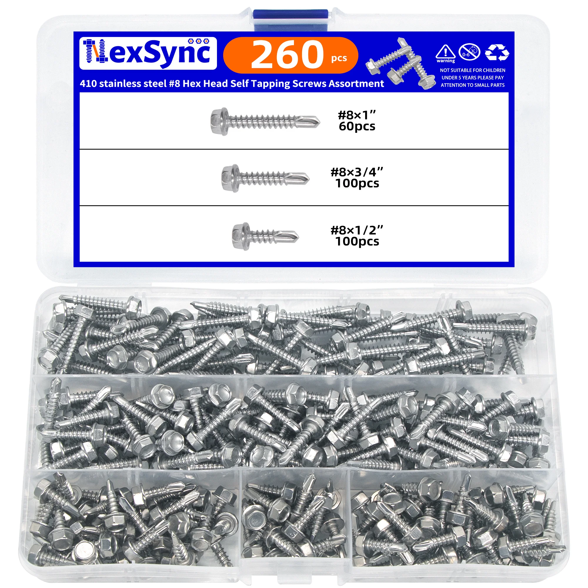260Pcs #8 Hex Head Self Tapping Screws Assortment 410 Stainless Steel #8x1/2