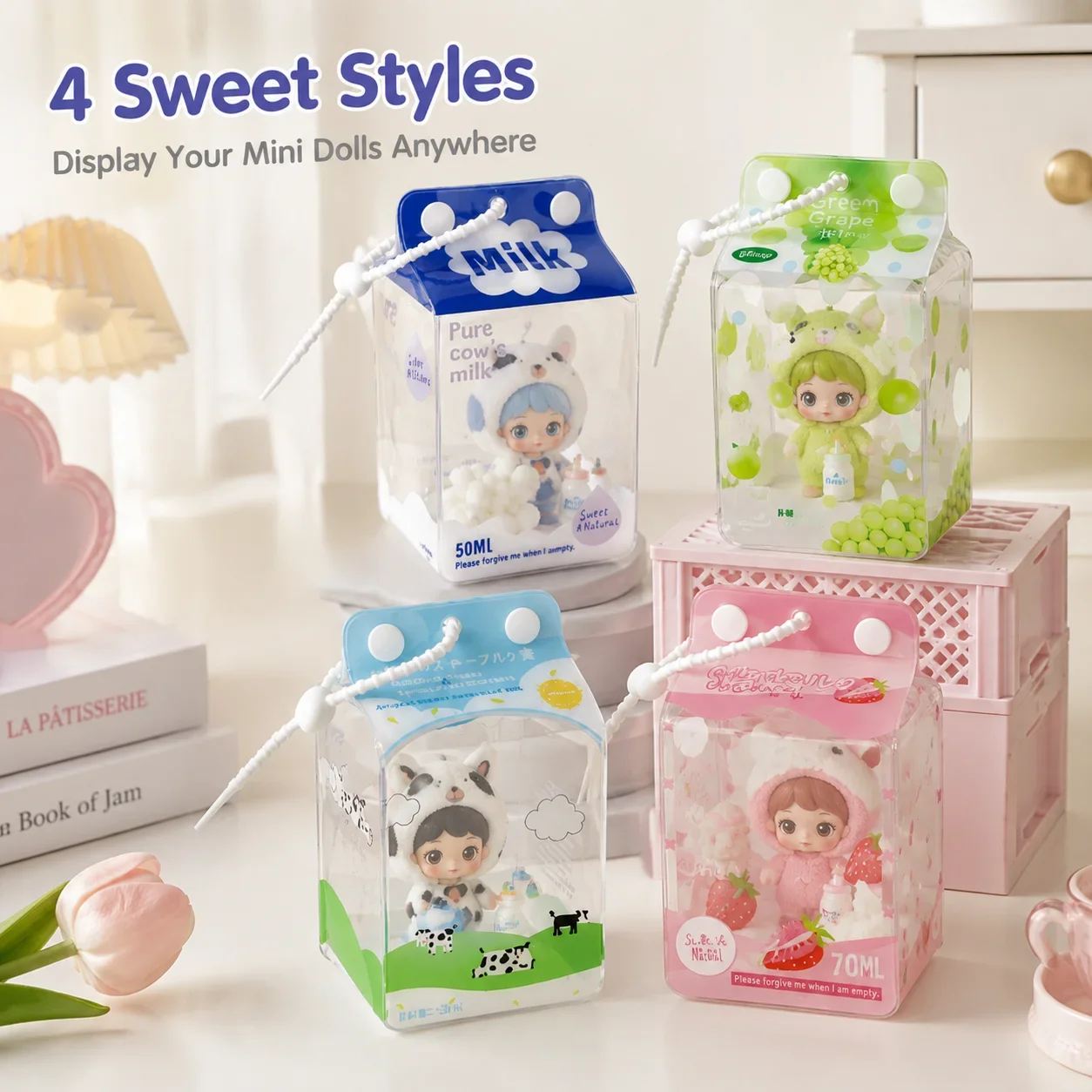 3D Milk Carton Transparent Doll Carrier, Ins Style Plush Toy Storage Pouch, Outdoor Doll Display Bag for Students