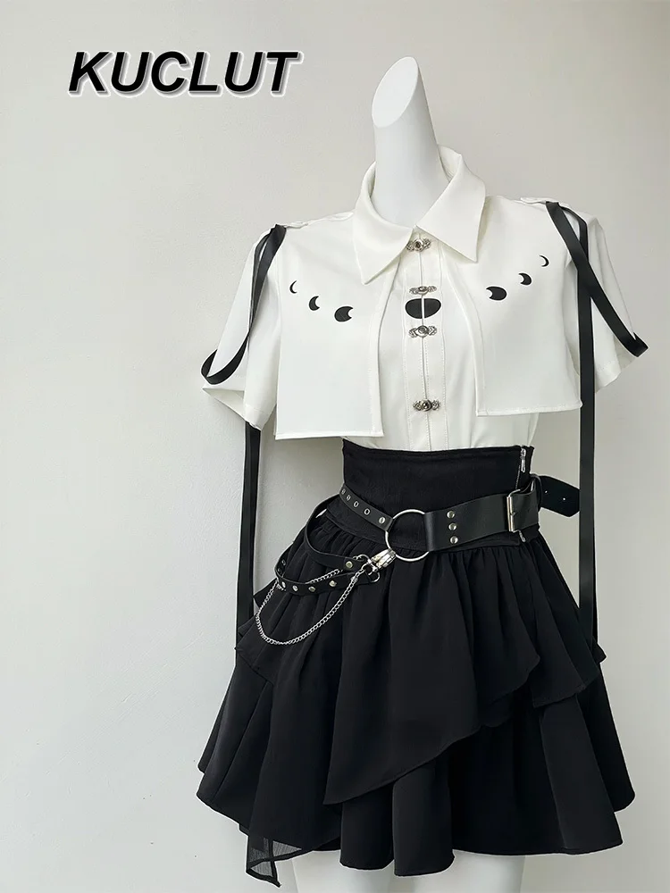 

Black and White Gothic Mine Series Three-piece Set Two-dimensional Cos Subculture Short Sleeve Shirt and Skirt Sets for Women