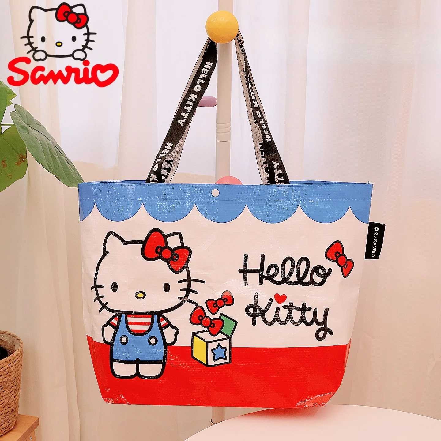 Leopard Print Hello Kitty Eco-Friendly Woven Large Capacity Storage Bag Officially Licensed Cartoon Plaid Waterproof Tote Bag Fo