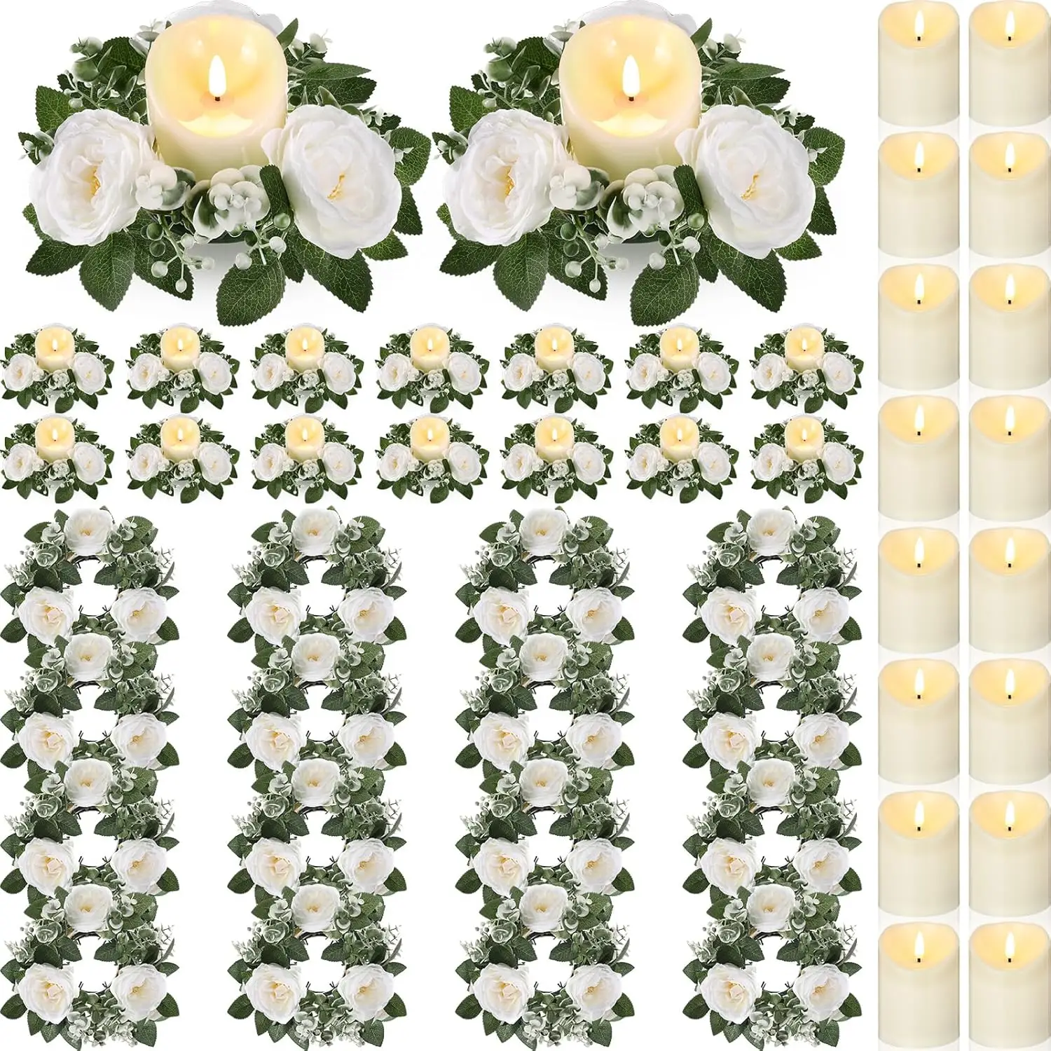 Juego de 16 Anillos de Rosas para Velas, Coronas de 3 Pulgadas con Velas LED sin Llama, Guirnalda de Flores Artificiales, Velas Votivas Eléctricas Falsas, Decoración para Mesa de Boda o Funeral, Color Blanco
