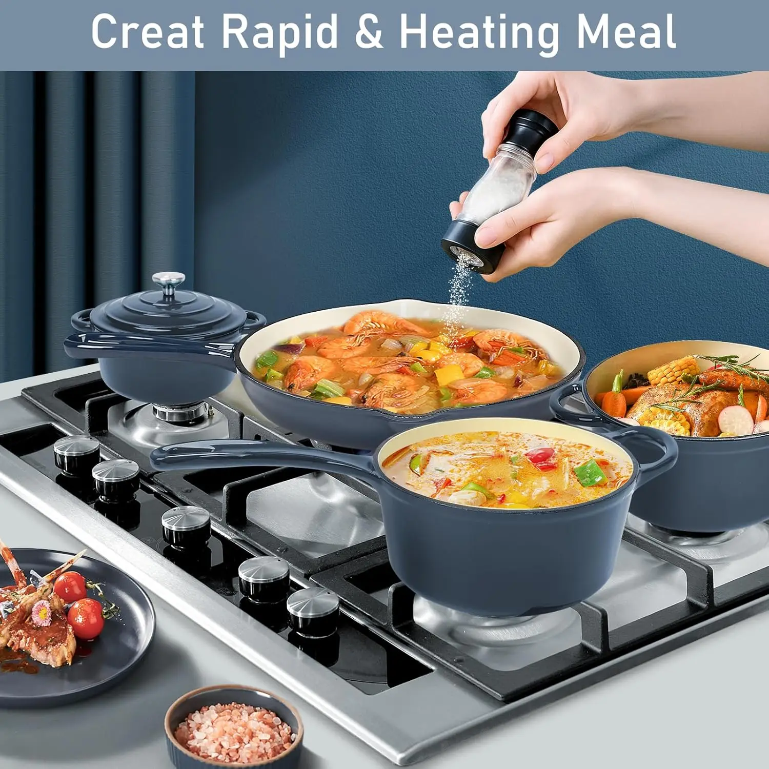 Enameled Cast Iron Dutch Oven- 9 Pieces Nonstick Cookware for Braising, Stews, Roasting, Bread Baking, Cooking Pot Oven Safe & C