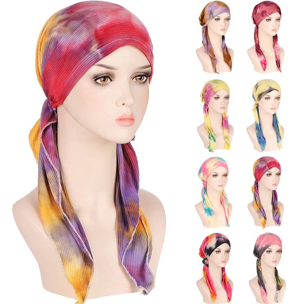 

New Print Pre-Tied Turban Women Muslim Hijab Chemo Cap Hair Loss Beanies Bonnet Long Tail Headscarf Hat Head Wrap Turbante Mujer