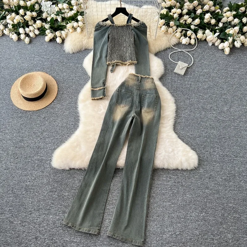 Autumn Denim 2 Piece Set Women Halter Slash Neck Off Shoulder Long Sleeve Pleated Jackets + Casual Jeans Y2k Streetwear Suit