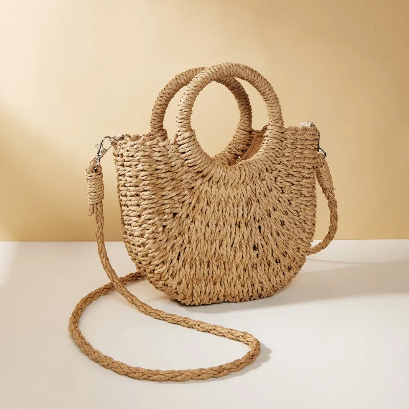 Sac en paille demi-rond tissé à la main pour femme, fourre-tout bohème pour les vacances d'été, sac de plage à poignée supérieure, sac initié par une femme, 2024