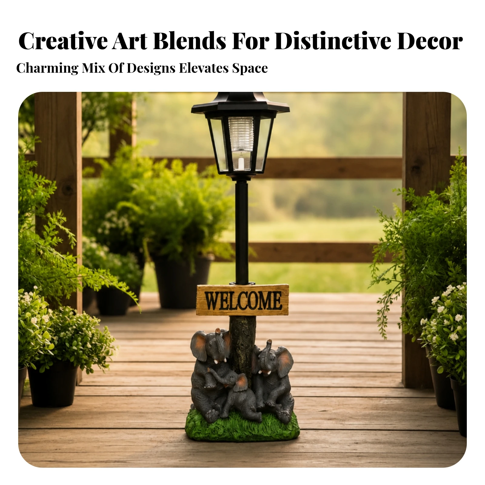 Wooden-Look Solar Garden Elephant Ornament Elephant Welcome Sign Statue Hexagonal Lantern 1 Piece Welcome Sign Lamp for Patio