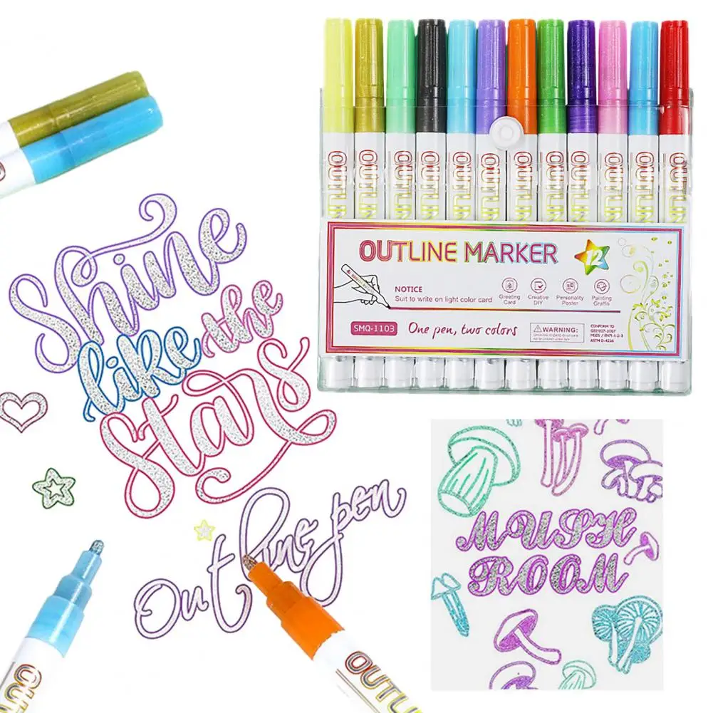 하이라이터 펜 세트, 이중선 윤곽 펜, 글리터 하이라이터 윤곽 마커 펜 세트, 미술 쓰기 스크랩북용, 8 개, 12 개, 20 개