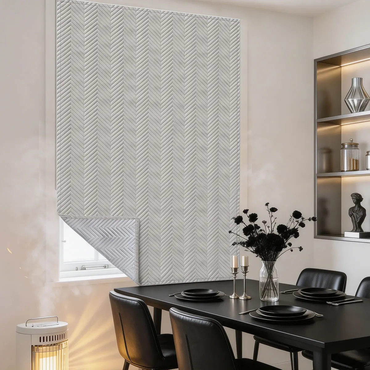 Thick Quilted Cotton Cold Proof Window Curtain, Self-Adhesive Magic Tape Light Filter Window Cover for Rental Apartment Small Wi