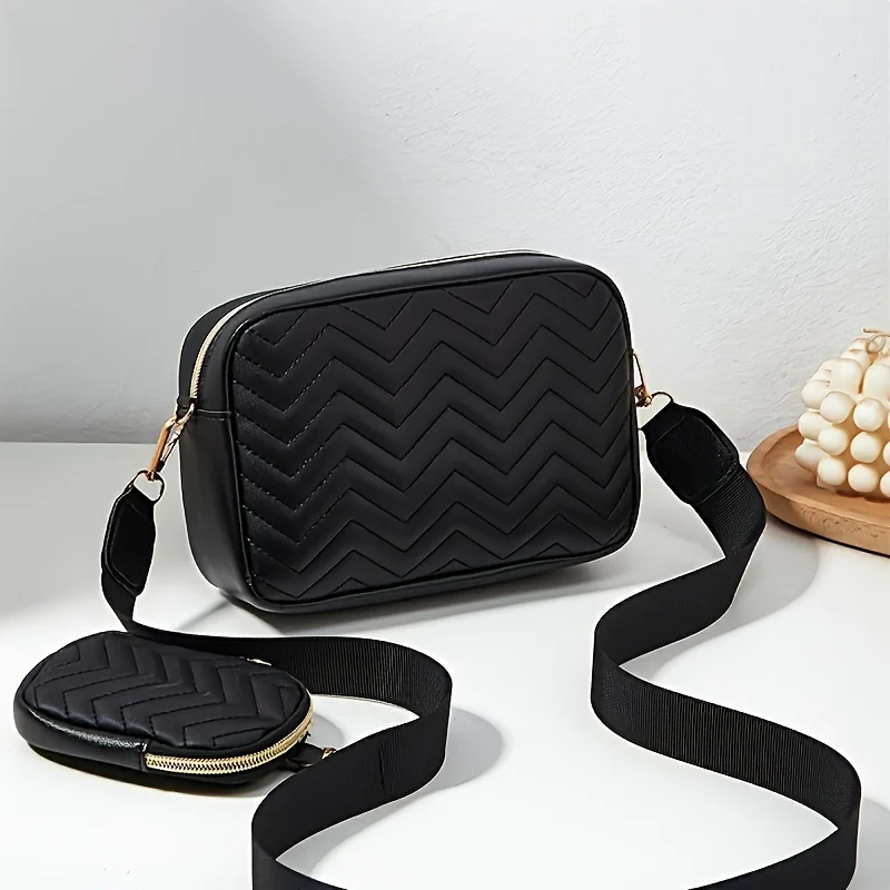 Lässige, minimalistische, quadratische Schultertasche, mit Mini-Hängegeldbörse, Umhängetasche mit gestepptem Muster für Damen, zweiteiliges Set – Detail 5