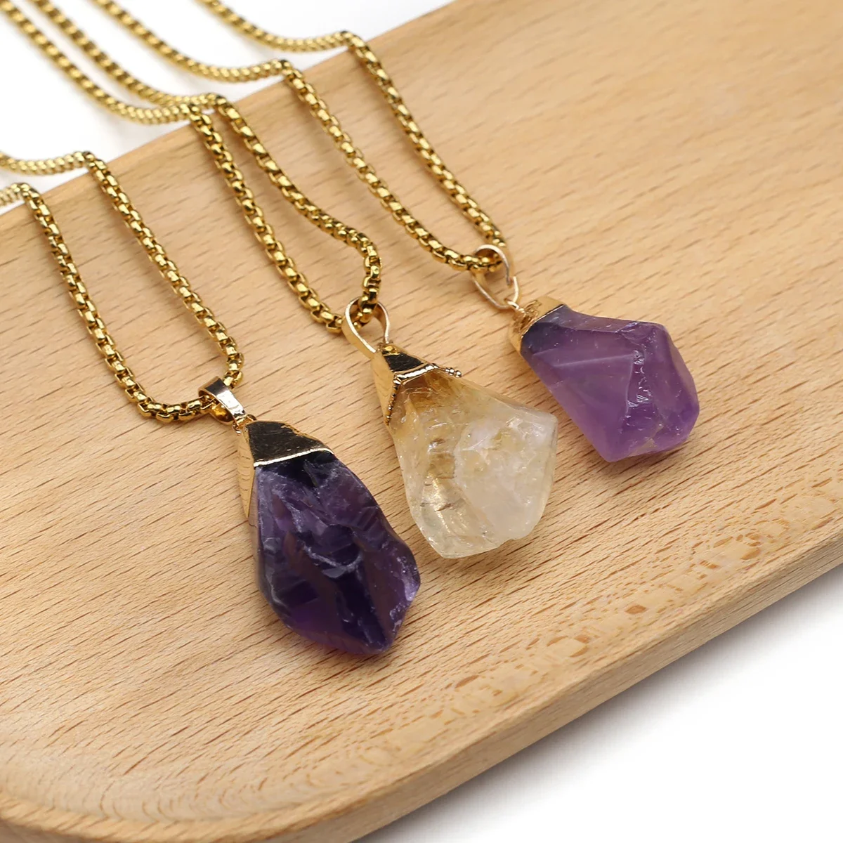 Fashion Natural Irregular Rough Quartz Crystal Energy Charms Amethysts Citrine Pendant Necklace Jewelry Accessories Gift