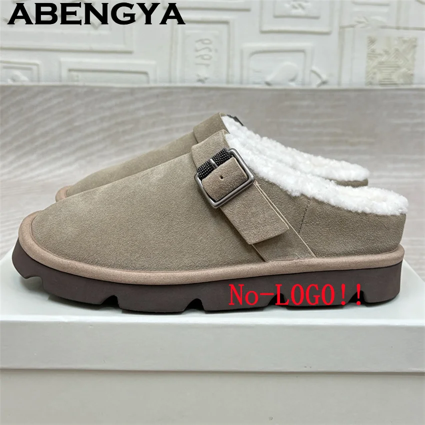 الشتاء جولة التفاف تو الصوف الفراء نعال مسطحة النساء جلد الغزال الحقيقي الدافئة سميكة البغال عادية النعال Zapatos de Mujer