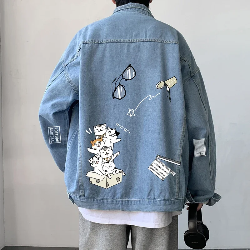 

Men's Vintage Denim Jacket Autumn Man Oversize Coat Cat Print Casual Wear 5XL Jean Jacket Cotton Men's Clothing Outerwear