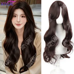 synthetic Long Wavy Brown Synthetic Wigs for Women Dark Brown Wigs With Side Bangs Natural Hair for Daily Use Heat Resistant Wig