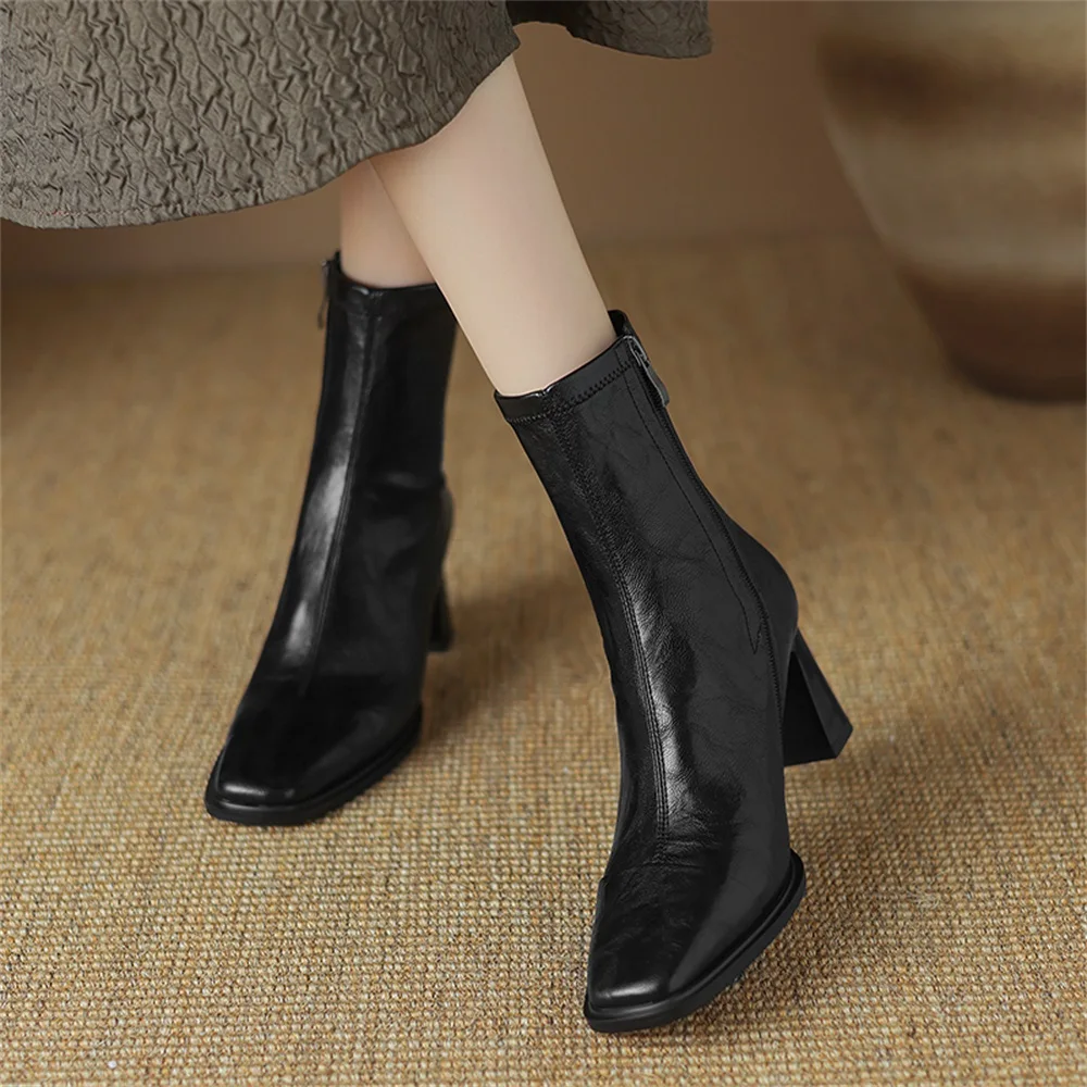 Taoffen Classic Stretch Boots Women Side Zipper Chunky Heel Autumn Winter Ankle Boots Elegant Prom Party Women Booties Handmade