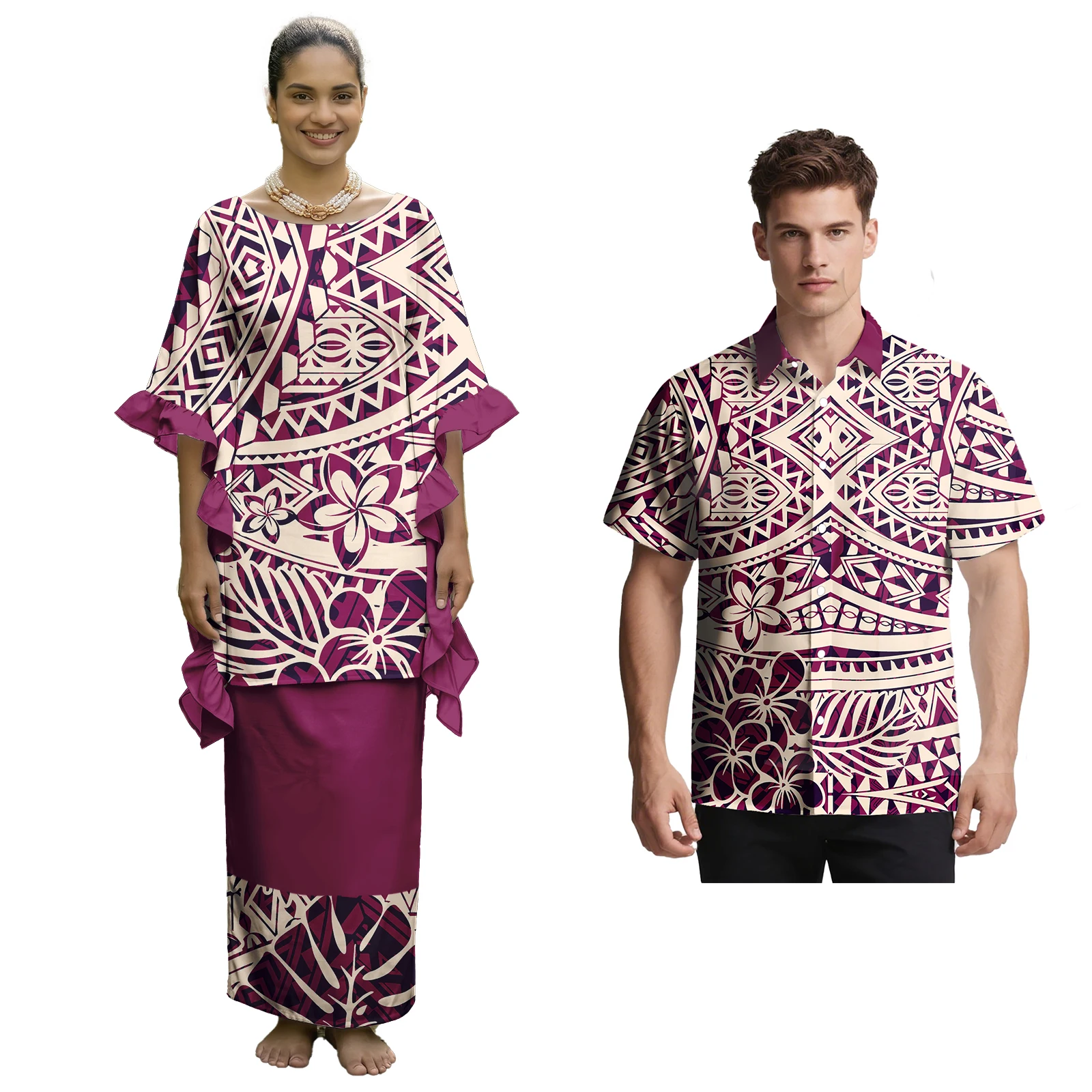 Unisex Clothes Custom Hawaii Men Shirts Polynesian Ruffled Sleeve Women Puletasi 2pc Set Samoan Tribal Style Church Couple Suit