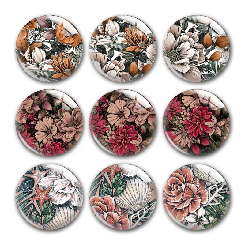 Thanksgiving Autumn Flower Pattern Fall Round Photo Glass Cabochon Demo Flat Back For DIY Jewelry Making Supplies Snap Button