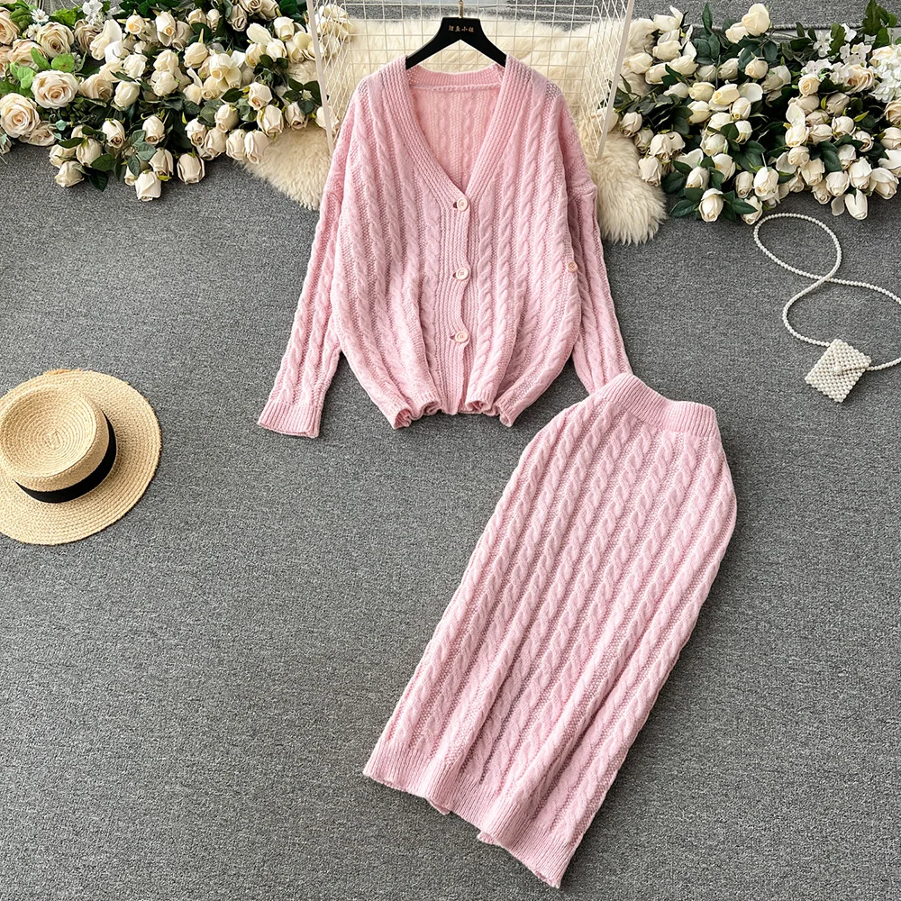 Croysier Autumn Winter Clothes Women Casual Cable Knit 2 Piece Sets Outfits V Neck Cardigan And Back Slit Midi Skirt Co Ord Set