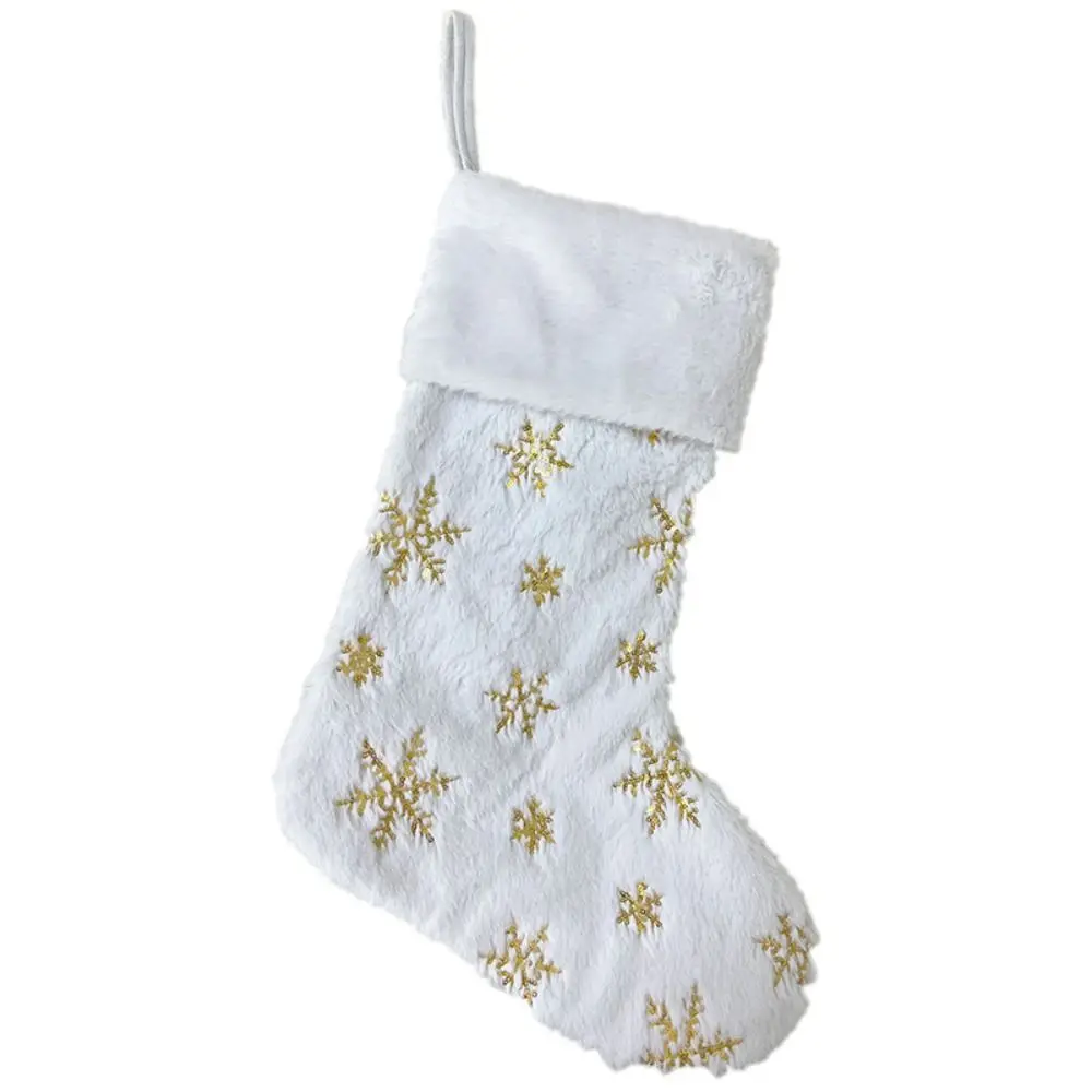 

Snowflake Embroidery White Christmas Stocking Sequined Furry Xmas Tree Sock Pendant Large Size Santa Gift Pocket Kids