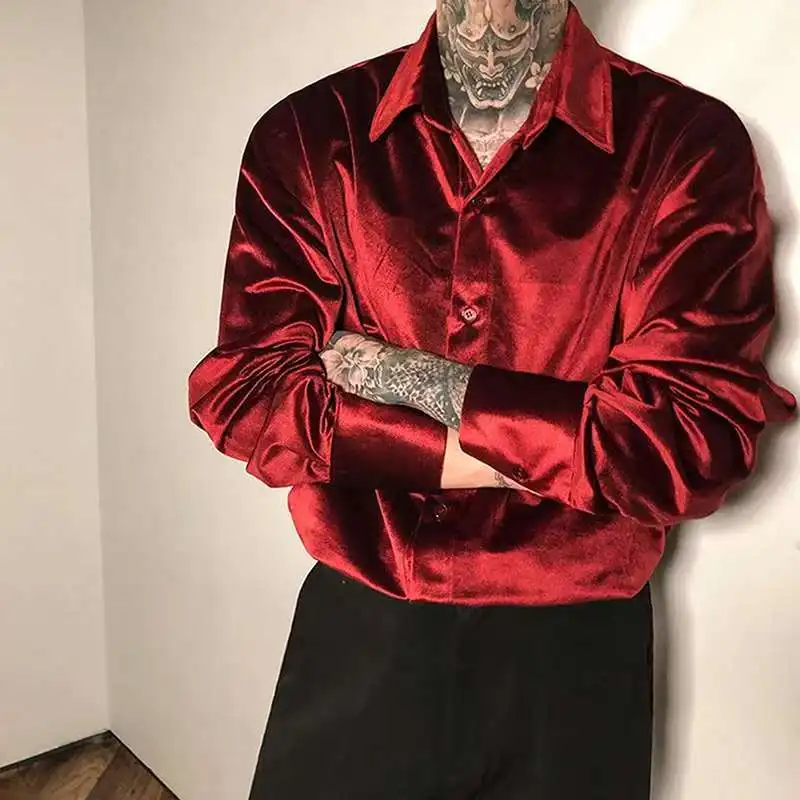 

Luxury Velvet Shirts Mens 2025 Spring Autumn Casual Solid Color Buttoned Shirt Tops Men Clothing Vintage Turn-down Collar Shirt
