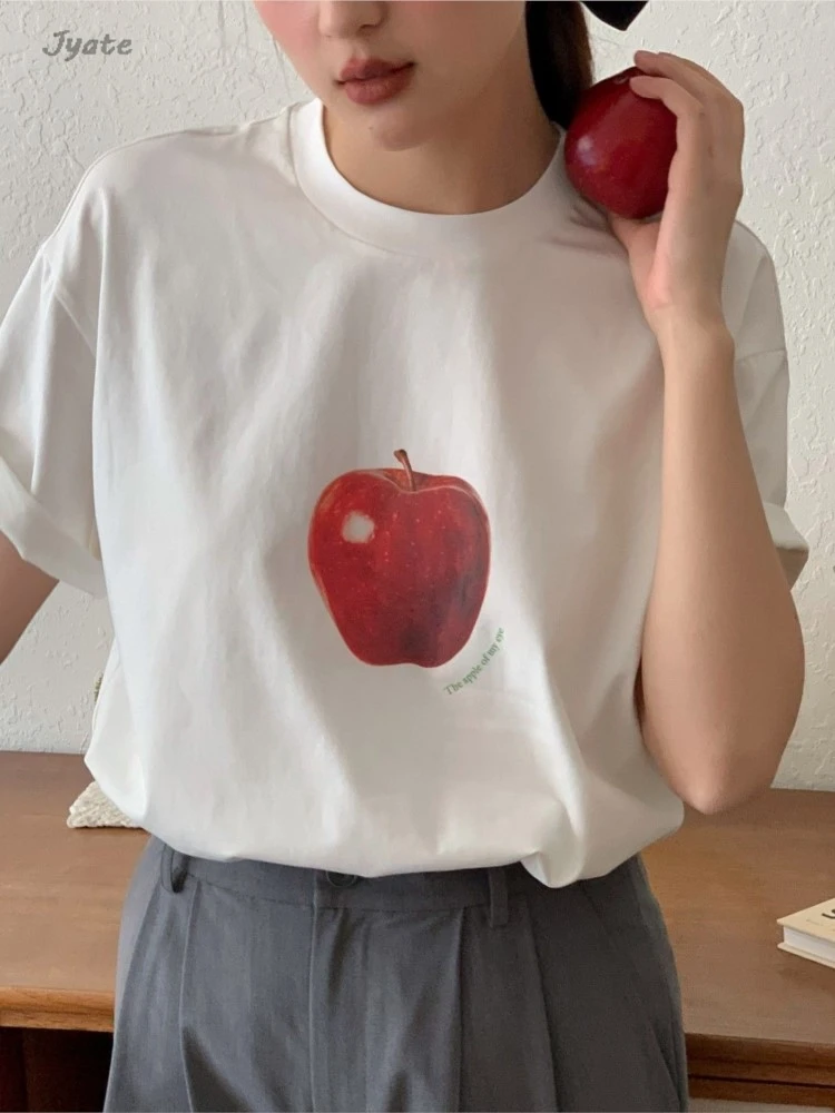 

100% Cotton Red Apple Print Summer T-shirt 2024 New Women's O Collar Short Sleeve French Loose Top Fruit Printting Fashion Tees